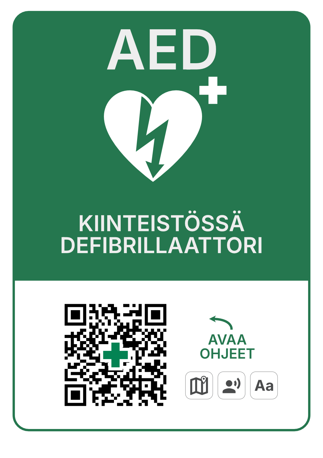 AED-opaste, jossa on defibrillaattorin symboli ja QR-koodi