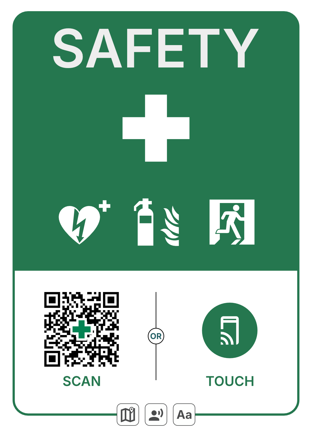 SAFETY-opaste, jossa on turvallisuussymbolit ja QR-koodi